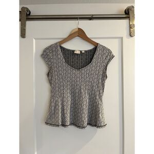 Anthropologie 9-HIS-S'CL Postmark Black & White Ikat Peplum Top Small‎